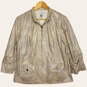 Chicos Fau Suede Snakeskin Ruched Sleeve Zip Up Metallic Lightweight Jacket 8